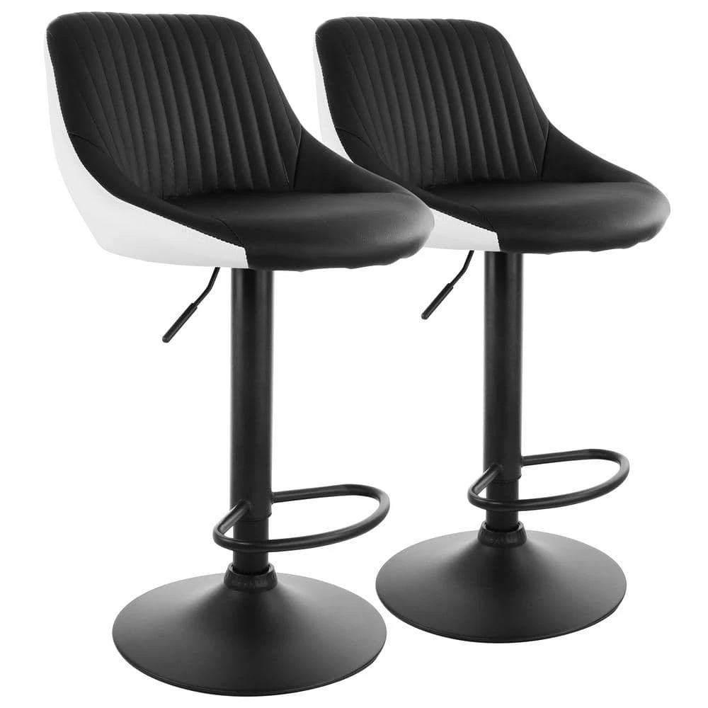 34 in. White with Black Faux Leather Low Back Adjustable Bar Stool with Black Metal base (Set of 2) by Elama 1 34 in. White with Black Faux Leather Low Back Adjustable Bar Stool with Black Metal base (Set of 2) by Elama