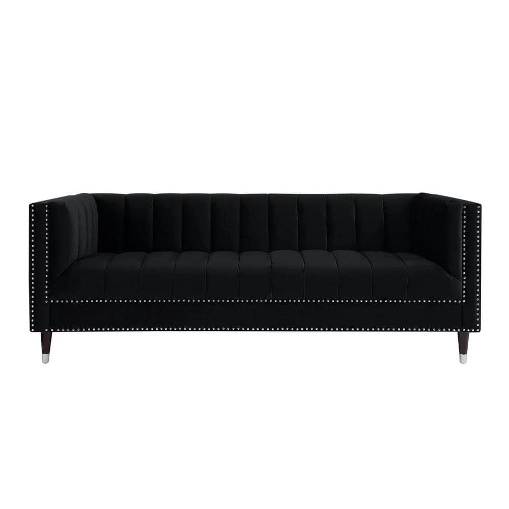 Joan 34 in. Black/Chrome Velvet 3-Seater Tuxedo Sofa with Nailheads by Nicole Miller 6 Joan 34 in. Black/Chrome Velvet 3-Seater Tuxedo Sofa with Nailheads by Nicole Miller - Image 6