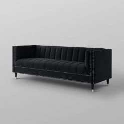 Joan 34 in. Black/Chrome Velvet 3-Seater Tuxedo Sofa with Nailheads by Nicole Miller 15 Joan 34 in. Black/Chrome Velvet 3-Seater Tuxedo Sofa with Nailheads by Nicole Miller -Elama Sales Store black chrome velvet nicole miller sofas couches nsa102 02bk hd 44 1000