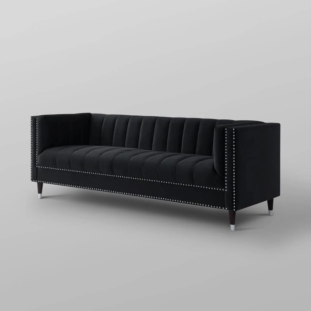 Joan 34 in. Black/Chrome Velvet 3-Seater Tuxedo Sofa with Nailheads by Nicole Miller 7 Joan 34 in. Black/Chrome Velvet 3-Seater Tuxedo Sofa with Nailheads by Nicole Miller - Image 7