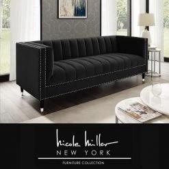 Joan 34 in. Black/Chrome Velvet 3-Seater Tuxedo Sofa with Nailheads by Nicole Miller