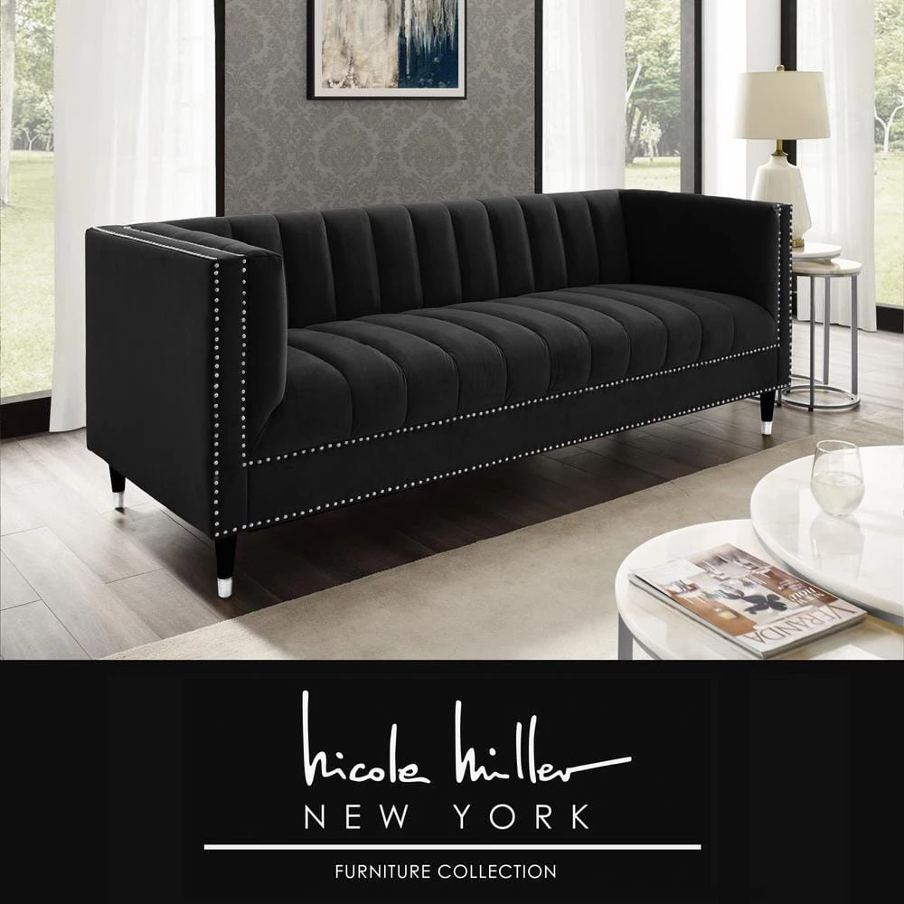 Joan 34 in. Black/Chrome Velvet 3-Seater Tuxedo Sofa with Nailheads by Nicole Miller 1 Joan 34 in. Black/Chrome Velvet 3-Seater Tuxedo Sofa with Nailheads by Nicole Miller
