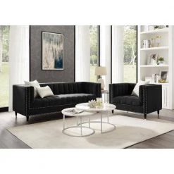 Joan 34 in. Black/Chrome Velvet 3-Seater Tuxedo Sofa with Nailheads by Nicole Miller 12 Joan 34 in. Black/Chrome Velvet 3-Seater Tuxedo Sofa with Nailheads by Nicole Miller -Elama Sales Store black chrome velvet nicole miller sofas couches nsa102 02bk hd c3 1000