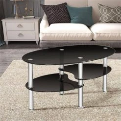 35 in. Black Oval Tempered Glass Coffee Table by Cubilan -Elama Sales Store black cubilan coffee tables 10485723 1f 1000