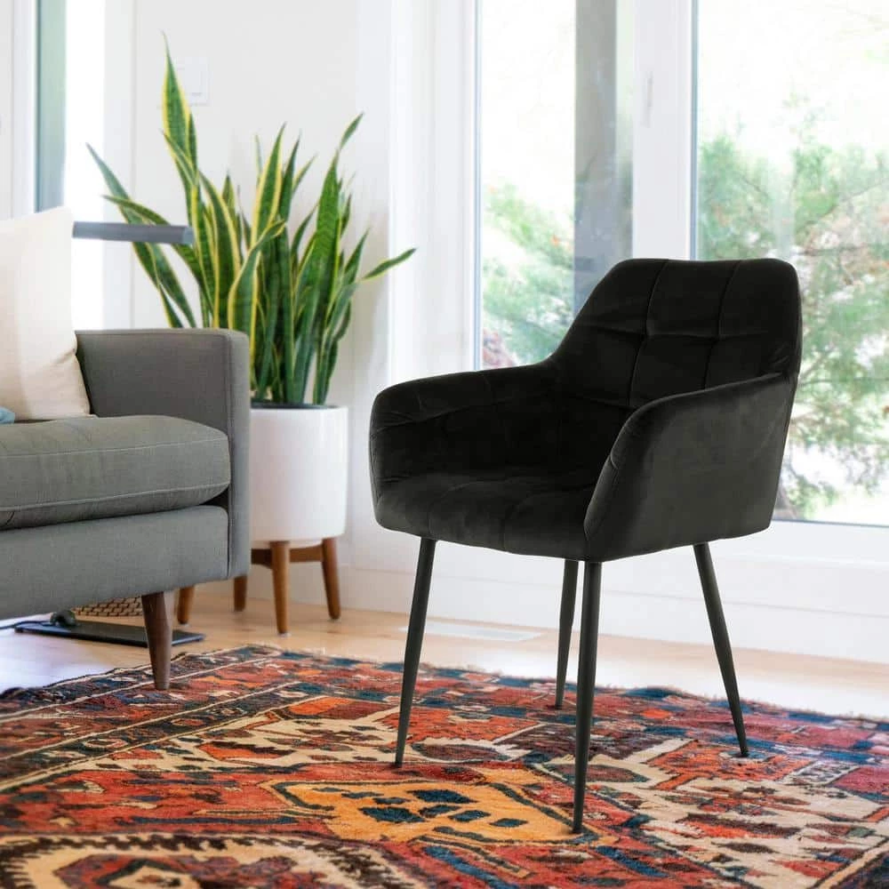 Black 2-Piece Velvet Tufted Chair with Black Metal Legs by Elama 9 Black 2-Piece Velvet Tufted Chair with Black Metal Legs by Elama - Image 9