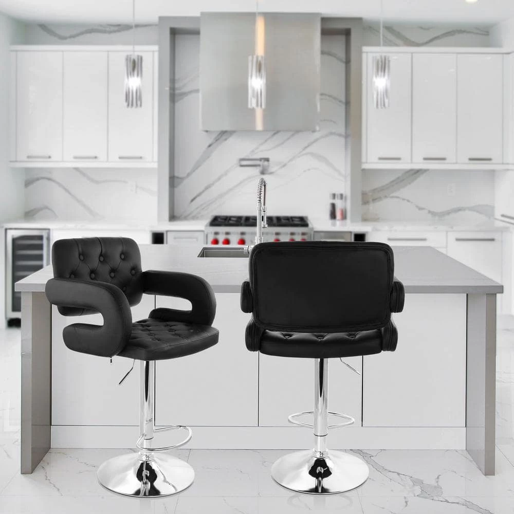 35 in. Black and Chrome High Back Faux Leather Tufted Bar Stool with Adjustable Height by Elama 3 35 in. Black and Chrome High Back Faux Leather Tufted Bar Stool with Adjustable Height by Elama - Image 3