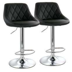 33 in Black and Chrome Low Back Diamond Stitched Faux Leather Bar Stool with Adjustable Height (Set of 2) by Elama