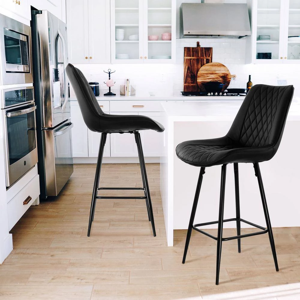 39 in Black High Back Diamond Stitched Faux Leather Bar Chair with Metal Legs (Set of 2) by Elama 4 39 in Black High Back Diamond Stitched Faux Leather Bar Chair with Metal Legs (Set of 2) by Elama - Image 4