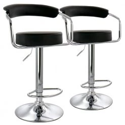 35 in Black and Chrome Curved Back Faux Leather Bar Stool with Adjustable Height (Set of 2) by Elama