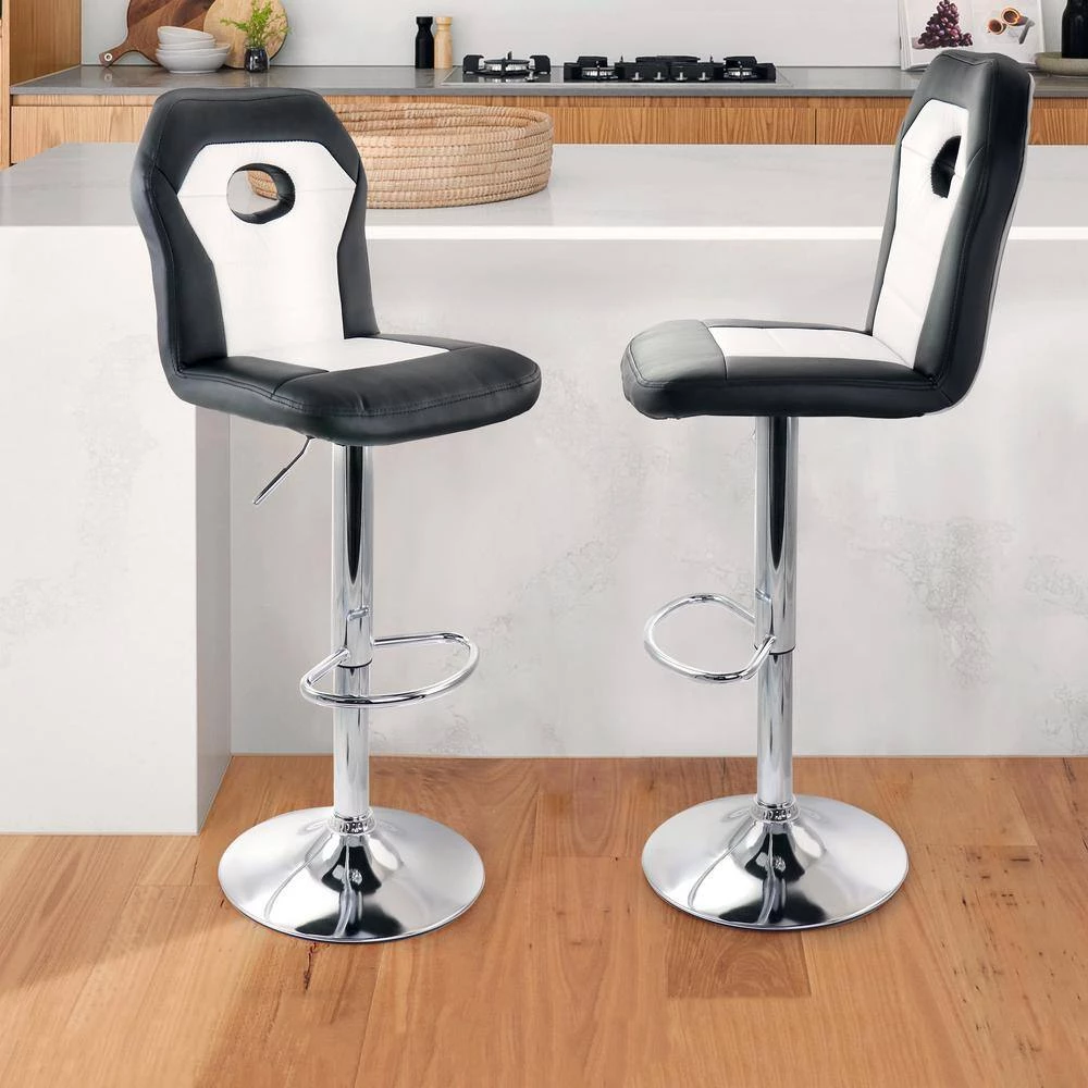24 in. Black High Back Tufted Faux Leather Adjustable Bar Stool with Chrome Base (Set of 2) by Elama 3 24 in. Black High Back Tufted Faux Leather Adjustable Bar Stool with Chrome Base (Set of 2) by Elama - Image 3