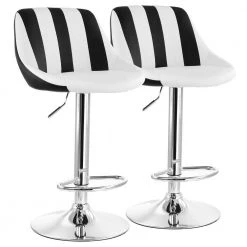 2-Piece Adjustable 40.5 in. ch Faux Leather Bar Stool in Striped Black and White with Chrome Base by Elama