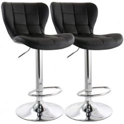 2-Piece Adjustable Faux Leather 34 in. Black High Back Metal Bar Stool with Chrome Base by Elama
