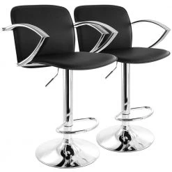 2-Piece Adjustable Faux Leather 34.25 in. Black Low Back Metal Bar Stool with Chrome Arm Rests and Base by Elama