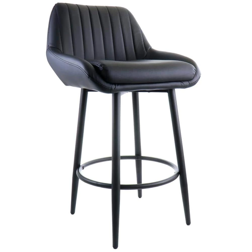Faux Leather 35 in. Black Low Back Bar Chair with Matte Metal Legs by Elama 1 Faux Leather 35 in. Black Low Back Bar Chair with Matte Metal Legs by Elama