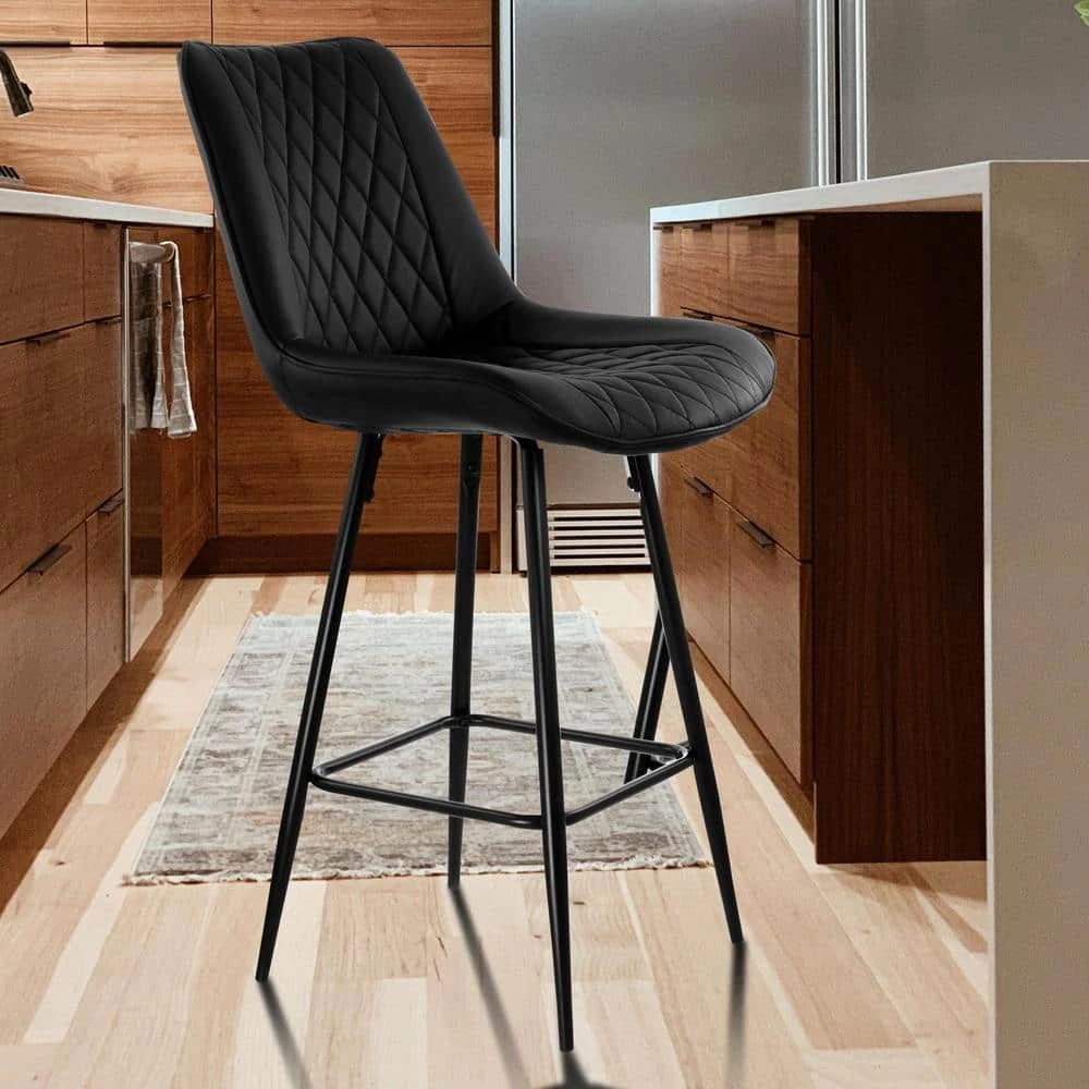 39 In. Black High Back Diamond Tufted Faux Leather Bar Stool (Set of 2) by Elama 3 39 In. Black High Back Diamond Tufted Faux Leather Bar Stool (Set of 2) by Elama - Image 3