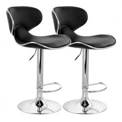 35 In. Black High Back Tufted Faux Leather Adjustable Bar Stool with Chrome Base (Set of 2) by Elama