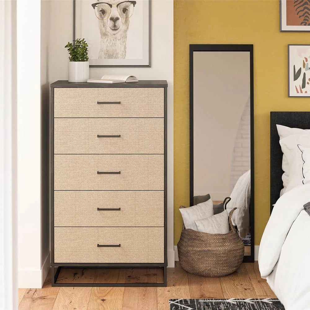 Kelly 5-Drawer Black Oak and Faux Rattan Dresser 47.21 in. H x 27.19 in. W x 19.69 in. D by Novogratz 12 Kelly 5-Drawer Black Oak and Faux Rattan Dresser 47.21 in. H x 27.19 in. W x 19.69 in. D by Novogratz - Image 12