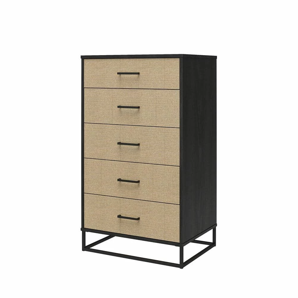 Kelly 5-Drawer Black Oak and Faux Rattan Dresser 47.21 in. H x 27.19 in. W x 19.69 in. D by Novogratz 3 Kelly 5-Drawer Black Oak and Faux Rattan Dresser 47.21 in. H x 27.19 in. W x 19.69 in. D by Novogratz - Image 3