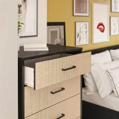 Kelly 5-Drawer Black Oak and Faux Rattan Dresser 47.21 in. H x 27.19 in. W x 19.69 in. D by Novogratz 22 Kelly 5-Drawer Black Oak and Faux Rattan Dresser 47.21 in. H x 27.19 in. W x 19.69 in. D by Novogratz -Elama Sales Store black oak and faux rattan novogratz chest of drawers 5799335com 76 1000