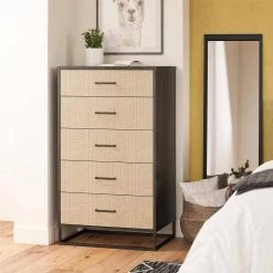 Kelly 5-Drawer Black Oak and Faux Rattan Dresser 47.21 in. H x 27.19 in. W x 19.69 in. D by Novogratz 17 Kelly 5-Drawer Black Oak and Faux Rattan Dresser 47.21 in. H x 27.19 in. W x 19.69 in. D by Novogratz -Elama Sales Store black oak and faux rattan novogratz chest of drawers 5799335com c3 1000