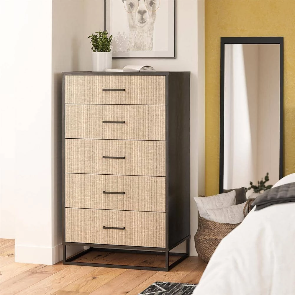 Kelly 5-Drawer Black Oak and Faux Rattan Dresser 47.21 in. H x 27.19 in. W x 19.69 in. D by Novogratz 6 Kelly 5-Drawer Black Oak and Faux Rattan Dresser 47.21 in. H x 27.19 in. W x 19.69 in. D by Novogratz - Image 6