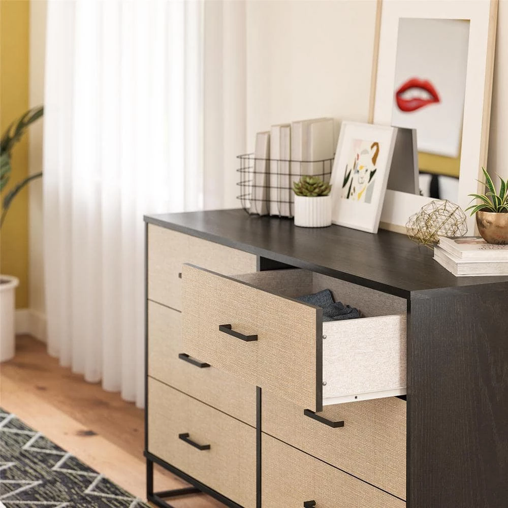 Kelly 6-Drawer Black Oak and Faux Rattan Dresser 31.77 in. H x 53.62 in. W x 19.69 in. D by Novogratz 8 Kelly 6-Drawer Black Oak and Faux Rattan Dresser 31.77 in. H x 53.62 in. W x 19.69 in. D by Novogratz - Image 8