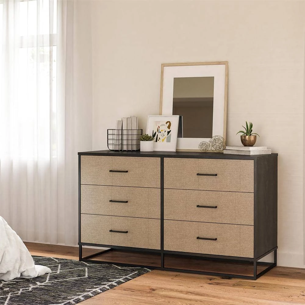 Kelly 6-Drawer Black Oak and Faux Rattan Dresser 31.77 in. H x 53.62 in. W x 19.69 in. D by Novogratz 6 Kelly 6-Drawer Black Oak and Faux Rattan Dresser 31.77 in. H x 53.62 in. W x 19.69 in. D by Novogratz - Image 6