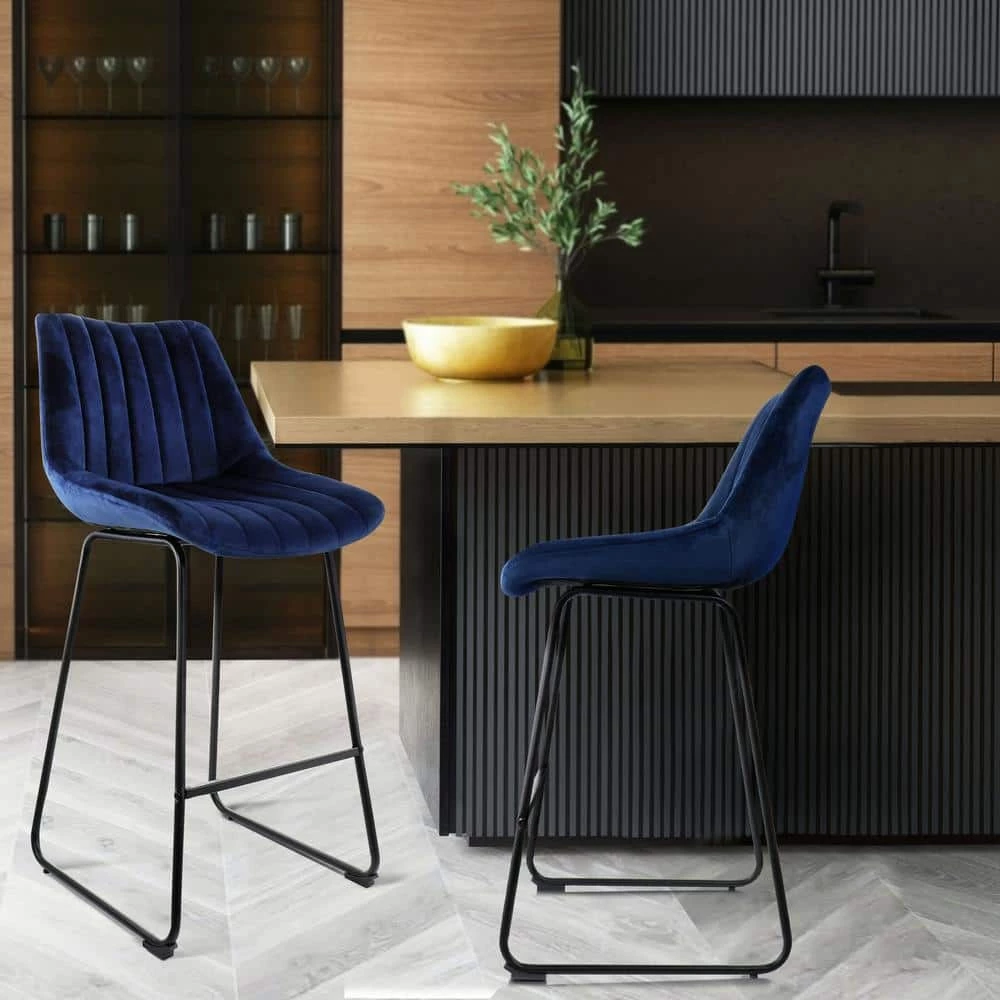 32 in. Blue Velvet Low Back Bar Stool with Black Metal Legs (Set of 2) by Elama 3 32 in. Blue Velvet Low Back Bar Stool with Black Metal Legs (Set of 2) by Elama - Image 3