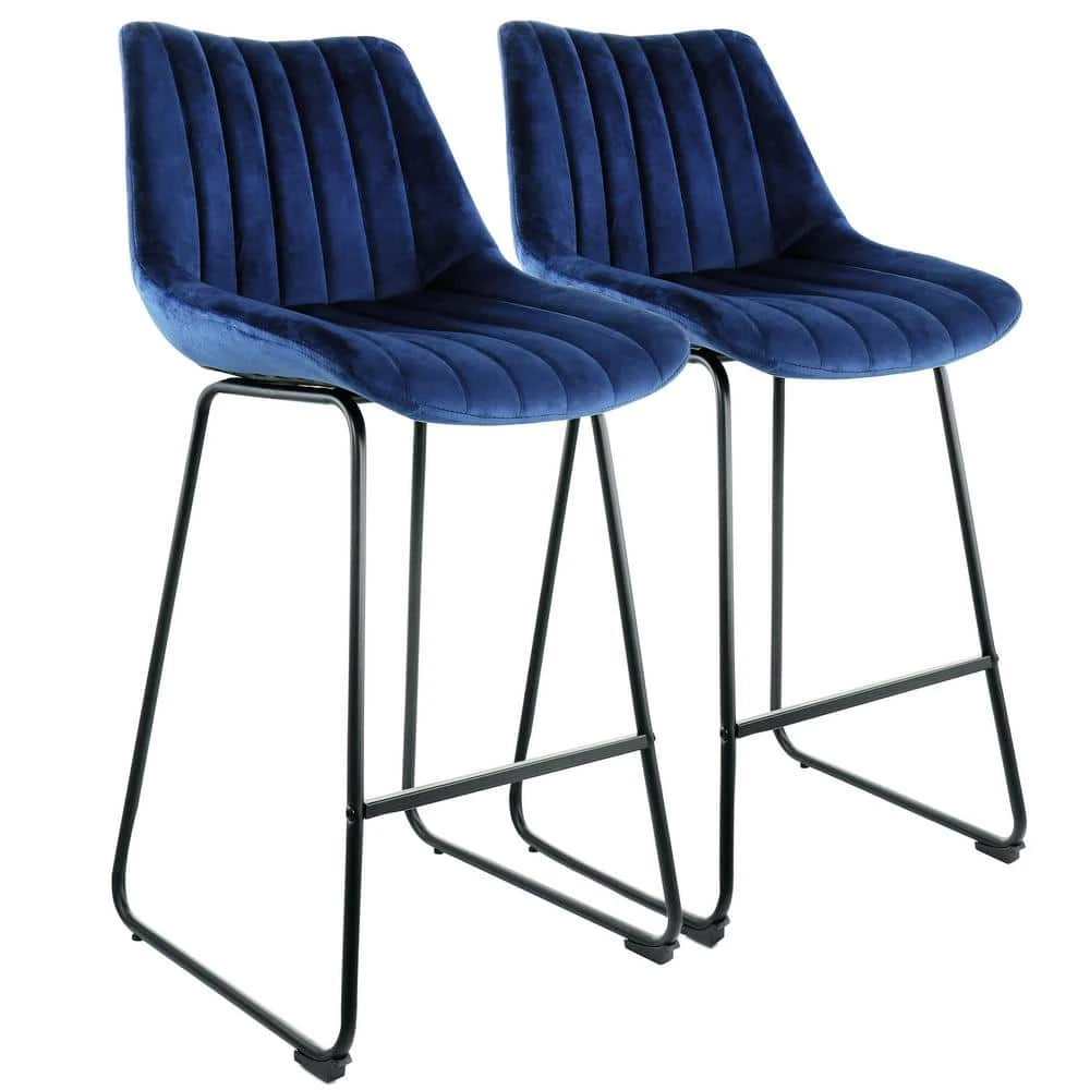 32 in. Blue Velvet Low Back Bar Stool with Black Metal Legs (Set of 2) by Elama 1 32 in. Blue Velvet Low Back Bar Stool with Black Metal Legs (Set of 2) by Elama