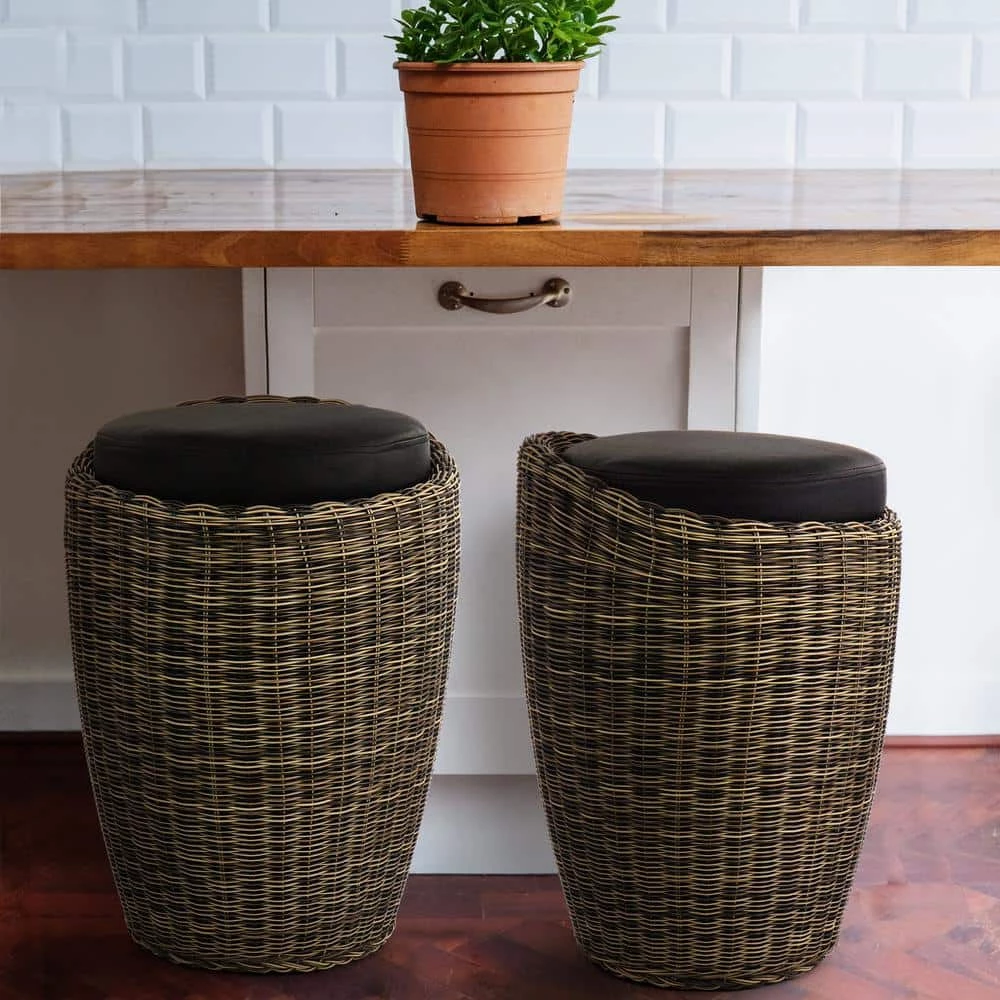 20 in. Brown Backless Tufted Faux Leather Bar Stool with Cylindrical Base (Set of 2) by Elama 3 20 in. Brown Backless Tufted Faux Leather Bar Stool with Cylindrical Base (Set of 2) by Elama - Image 3