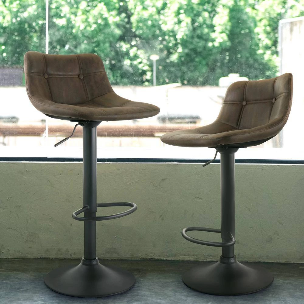 40 In. Brown Vintage Faux Leather Low Back Adjustable Bar Stool with Black Base (Set of 2) by Elama 3 40 In. Brown Vintage Faux Leather Low Back Adjustable Bar Stool with Black Base (Set of 2) by Elama - Image 3