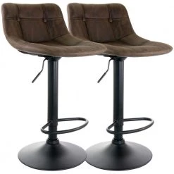40 In. Brown Vintage Faux Leather Low Back Adjustable Bar Stool with Black Base (Set of 2) by Elama