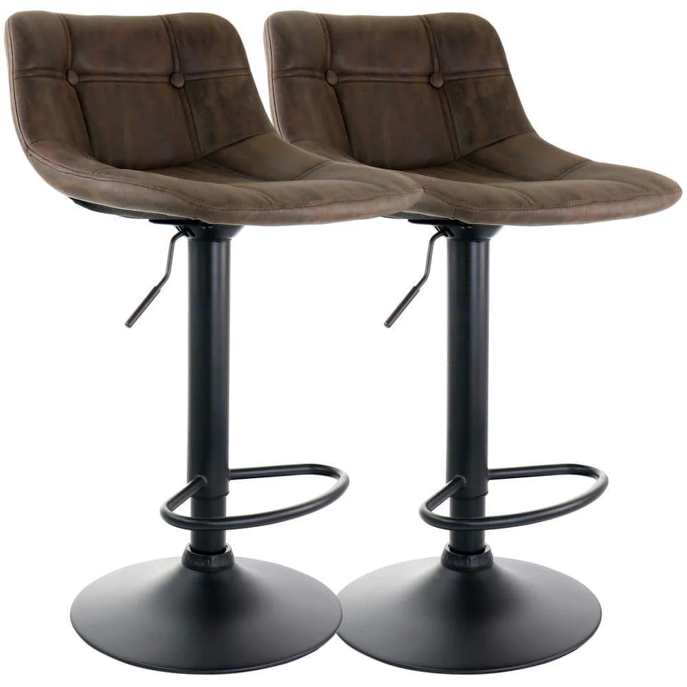 40 In. Brown Vintage Faux Leather Low Back Adjustable Bar Stool with Black Base (Set of 2) by Elama 1 40 In. Brown Vintage Faux Leather Low Back Adjustable Bar Stool with Black Base (Set of 2) by Elama