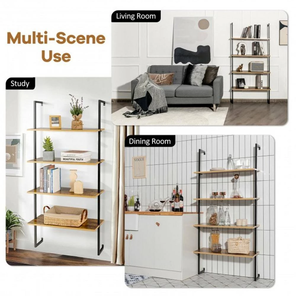 64 in. Coffee MDF 4 Shelf Wall-Mounted Bookcase/Ladder Bookshelf with Metal Frame by Cubilan 8 64 in. Coffee MDF 4 Shelf Wall-Mounted Bookcase/Ladder Bookshelf with Metal Frame by Cubilan - Image 8