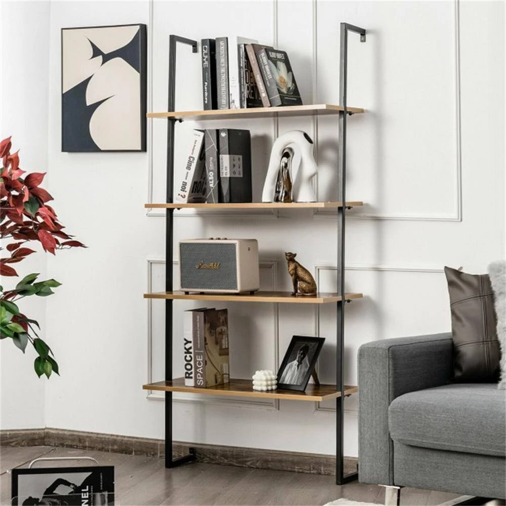 64 in. Coffee MDF 4 Shelf Wall-Mounted Bookcase/Ladder Bookshelf with Metal Frame by Cubilan 5 64 in. Coffee MDF 4 Shelf Wall-Mounted Bookcase/Ladder Bookshelf with Metal Frame by Cubilan - Image 5