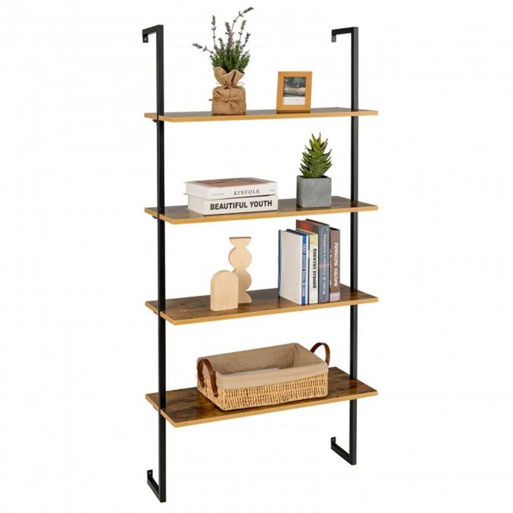 64 in. Coffee MDF 4 Shelf Wall-Mounted Bookcase/Ladder Bookshelf with Metal Frame by Cubilan 3 64 in. Coffee MDF 4 Shelf Wall-Mounted Bookcase/Ladder Bookshelf with Metal Frame by Cubilan - Image 3
