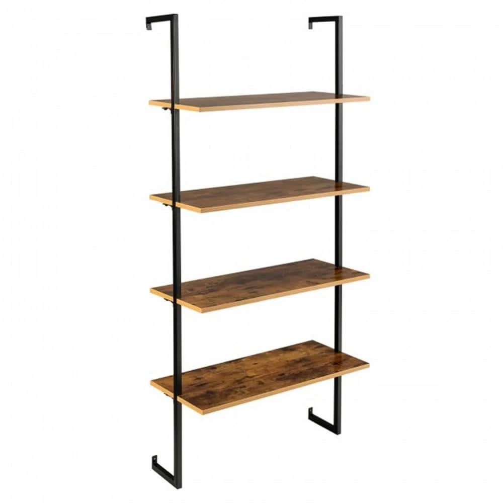 64 in. Coffee MDF 4 Shelf Wall-Mounted Bookcase/Ladder Bookshelf with Metal Frame by Cubilan 1 64 in. Coffee MDF 4 Shelf Wall-Mounted Bookcase/Ladder Bookshelf with Metal Frame by Cubilan