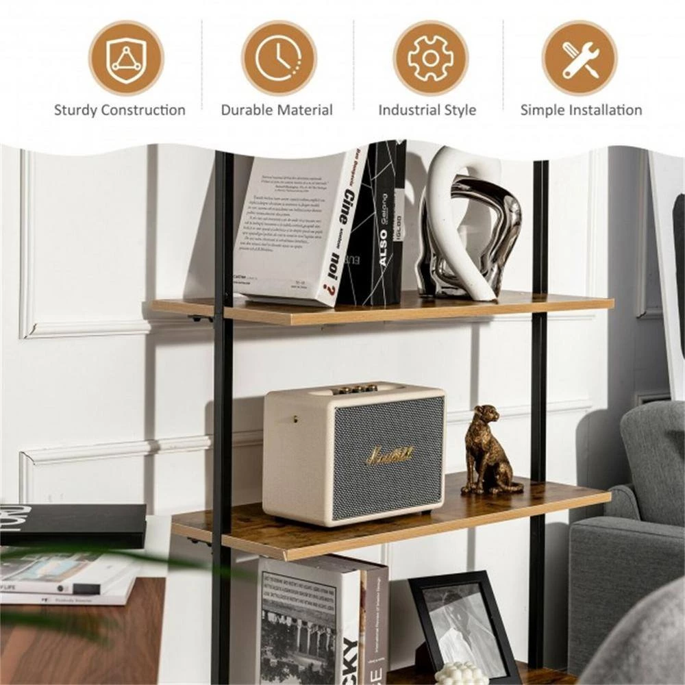 64 in. Coffee MDF 4 Shelf Wall-Mounted Bookcase/Ladder Bookshelf with Metal Frame by Cubilan 7 64 in. Coffee MDF 4 Shelf Wall-Mounted Bookcase/Ladder Bookshelf with Metal Frame by Cubilan - Image 7