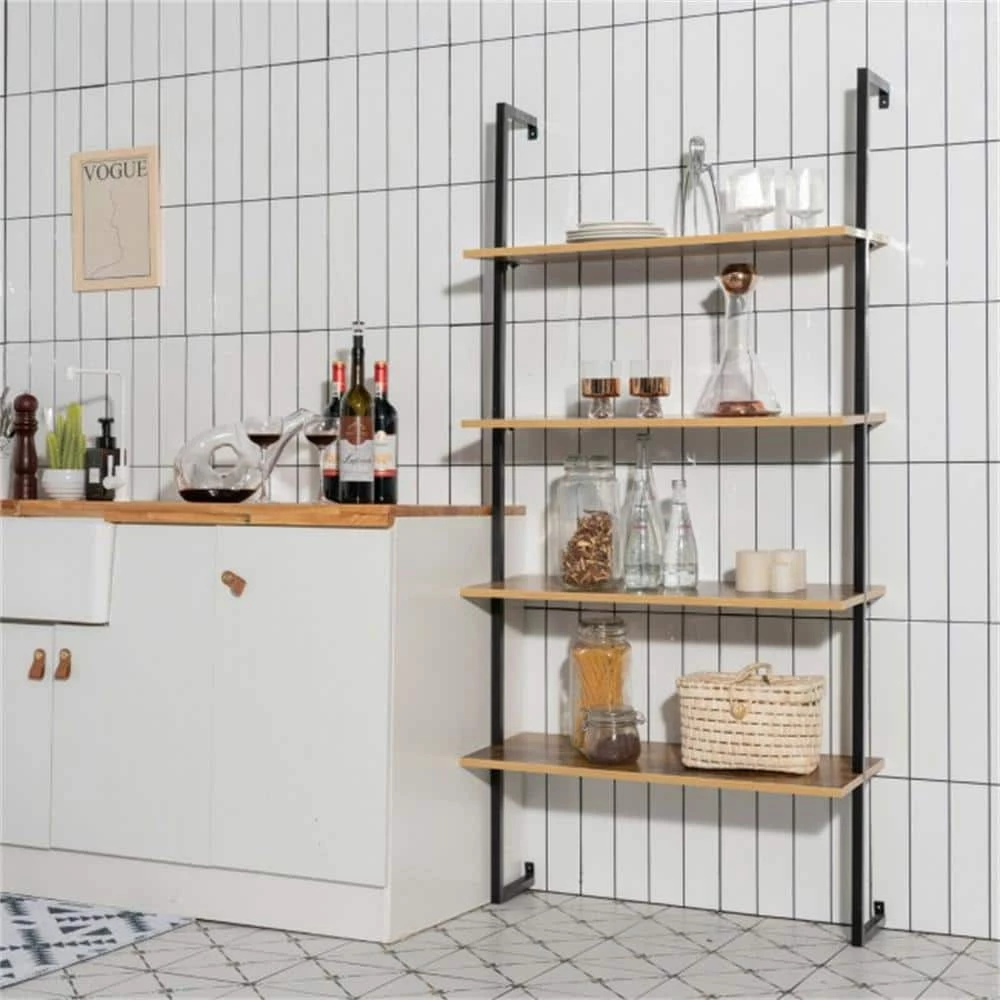 64 in. Coffee MDF 4 Shelf Wall-Mounted Bookcase/Ladder Bookshelf with Metal Frame by Cubilan 2 64 in. Coffee MDF 4 Shelf Wall-Mounted Bookcase/Ladder Bookshelf with Metal Frame by Cubilan - Image 2