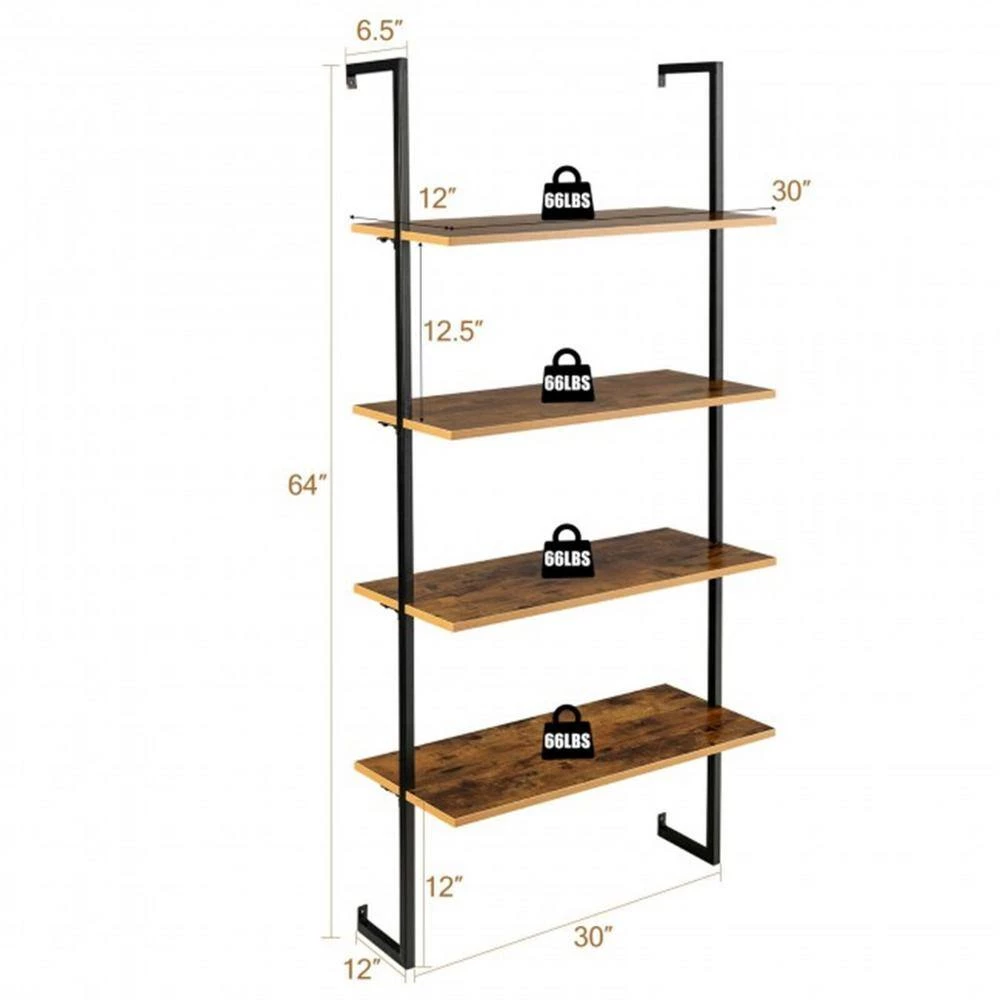 64 in. Coffee MDF 4 Shelf Wall-Mounted Bookcase/Ladder Bookshelf with Metal Frame by Cubilan 6 64 in. Coffee MDF 4 Shelf Wall-Mounted Bookcase/Ladder Bookshelf with Metal Frame by Cubilan - Image 6