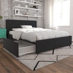 Kelly Dark Gray Linen Upholstered Queen Bed with Storage by Novogratz -Elama Sales Store dark gray linen novogratz platform beds 4296439n 76 1000