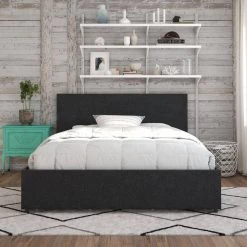 Kelly Dark Gray Linen Upholstered Queen Bed with Storage by Novogratz -Elama Sales Store dark gray linen novogratz platform beds 4296439n a0 1000
