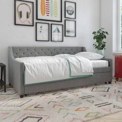 Her Majesty Gray Linen Twin Daybed and Trundle by Novogratz -Elama Sales Store gray linen novogratz daybeds 4330439n 31 1000