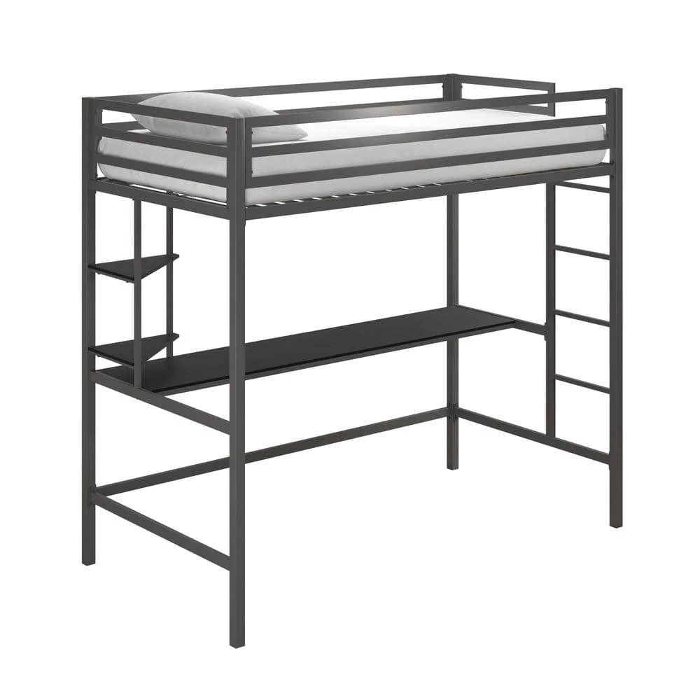 Maxwell Metal Twin Loft Bed with Desk and Shelves, Gray/ Black by Novogratz 1 Maxwell Metal Twin Loft Bed with Desk and Shelves, Gray/ Black by Novogratz