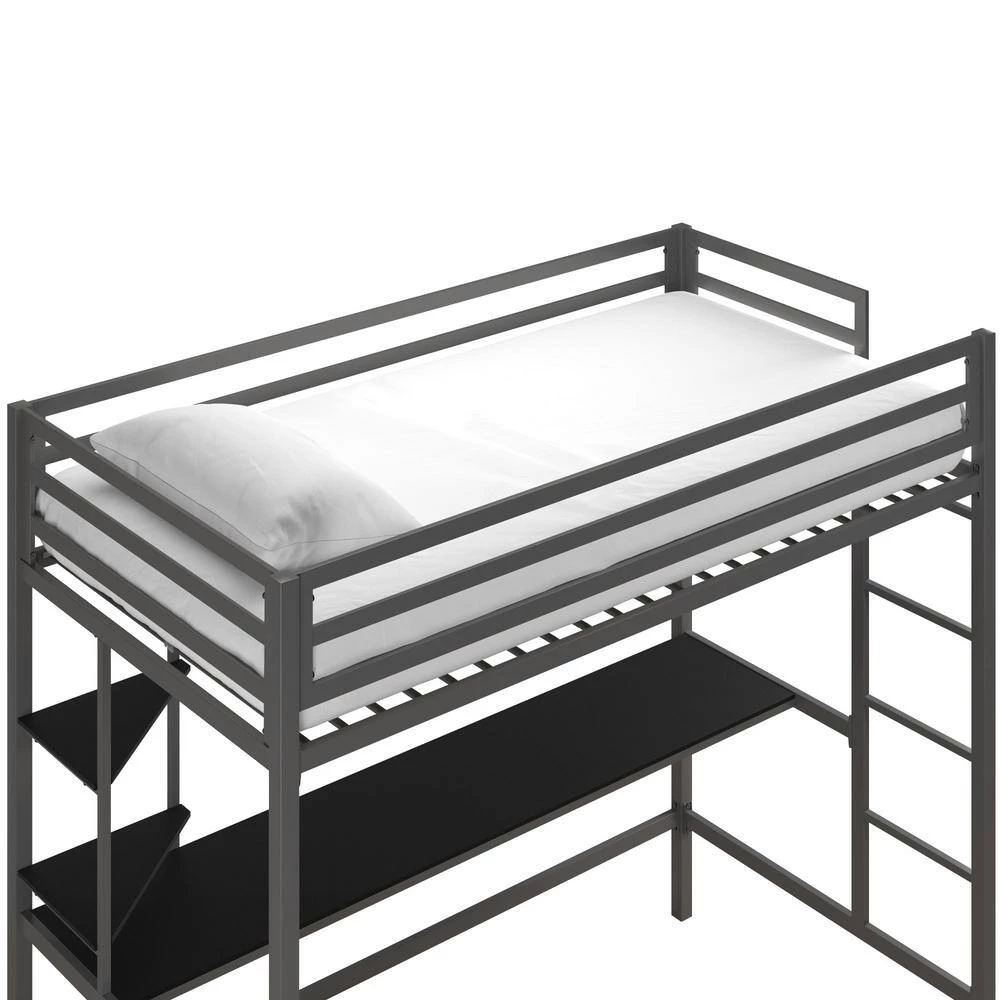 Maxwell Metal Twin Loft Bed with Desk and Shelves, Gray/ Black by Novogratz 6 Maxwell Metal Twin Loft Bed with Desk and Shelves, Gray/ Black by Novogratz - Image 6