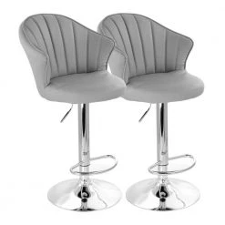 43 In. Grey High Back Tufted Faux Leather Adjustable Bar Stool with Chrome Base (Set of 2) by Elama