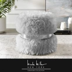 Hassan Grey/Silver Faux Fur Round Ottoman by Nicole Miller -Elama Sales Store grey silver faux fur nicole miller ottomans non136 04gr hd c3 1000