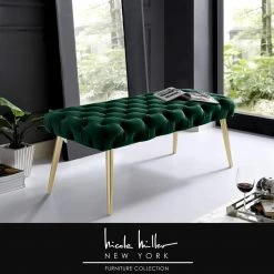 Shannyn Hunter Green/Gold Velvet Bench with Button Tufted Metal Leg by Nicole Miller