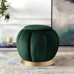 Zane Hunter Green/Gold Velvet Tufted Ottoman with Metal Base by Nicole Miller -Elama Sales Store hunter green gold velvet nicole miller ottomans non137 02hg hd 66 1000