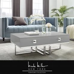 Maui 48 in. Light Gray/Chrome Large Rectangle Wood Coffee Table with Drawers by Nicole Miller -Elama Sales Store light grey chrome nicole miller coffee tables nct197 09lg hd 31 1000